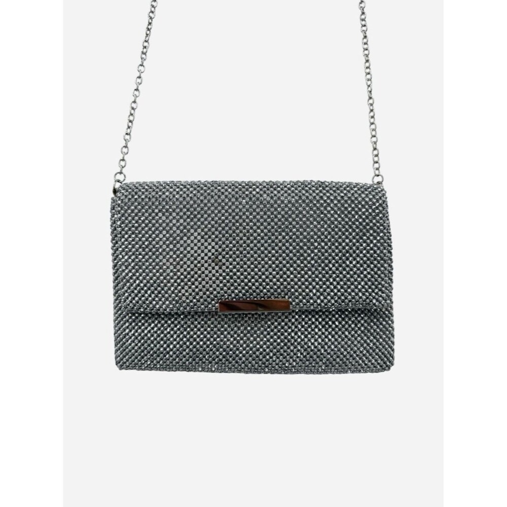La Regale Silver Sparkle Crossbody Bag Rhinestone Evening Formal Clutch Glam